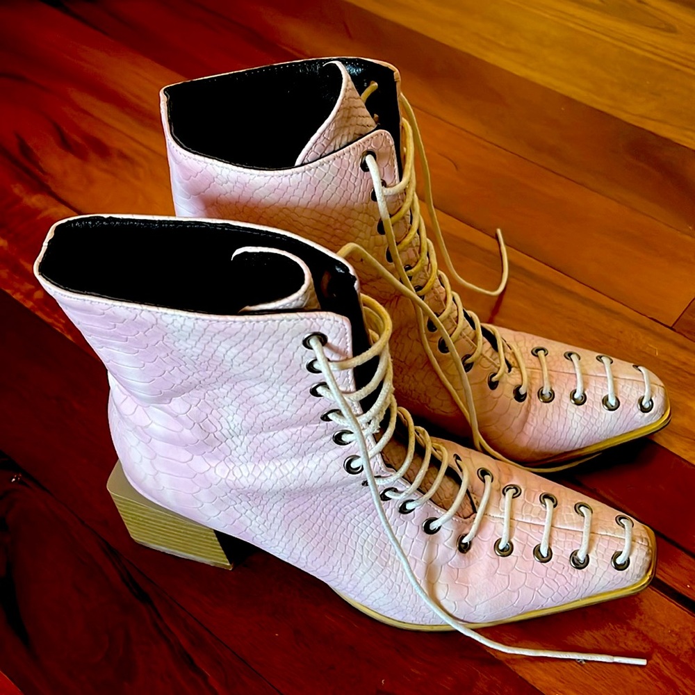 Faux light pink snakeskin shein boots.